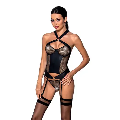 Сетчатый комплект корсет с халтером, съемные подвязки и трусики Amanda Corset black L/XL - Passion photo 1