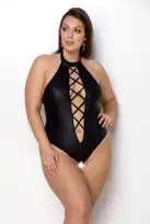 Боди из экокожи Passion Nancy Body 4XL/5XL black, с имитацией шнуровки и открытым доступом photo 1